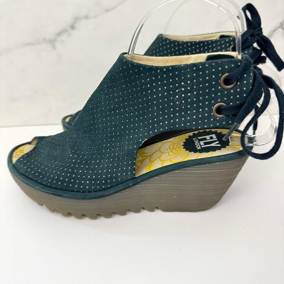 Fly London Womens Perforated Peep Toe Wedge Size 36 / 5.5-6 Suede Leather Blue - Picture 5 of 10